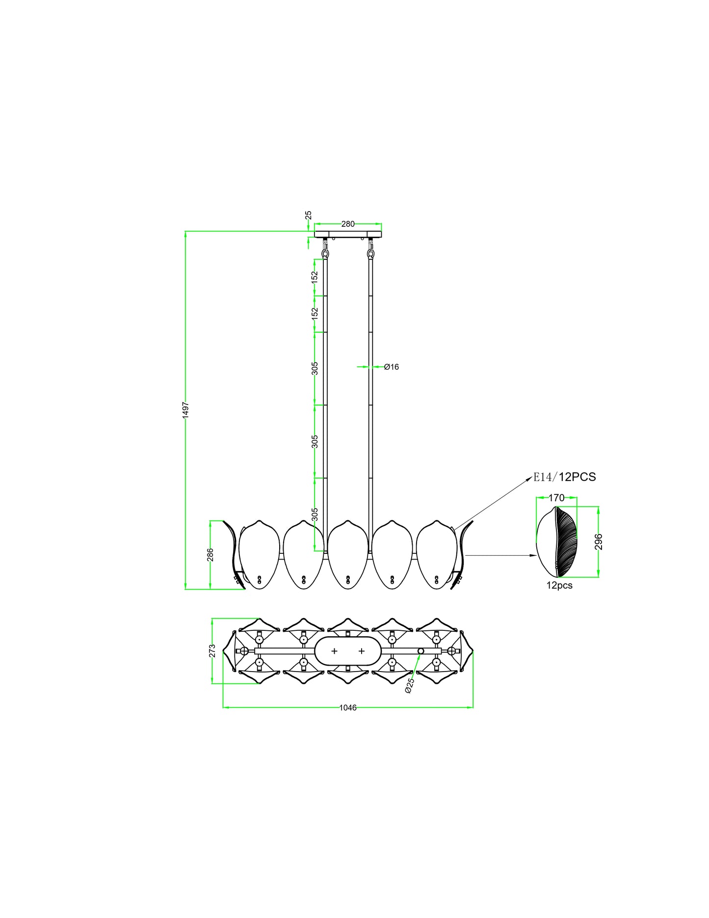 Amber Linea – 12-Light Linear Pendant in Brass with Artisan Glass