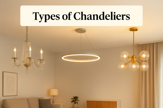 Different types of chandeliers including crystal, LED, and glass styles in a modern living room.