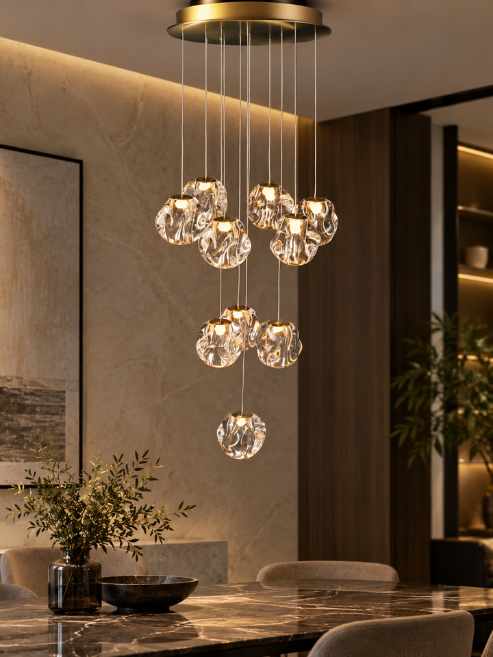Golden Orbit – 10-Ring LED Chandelier with Acrylic Diffuser
