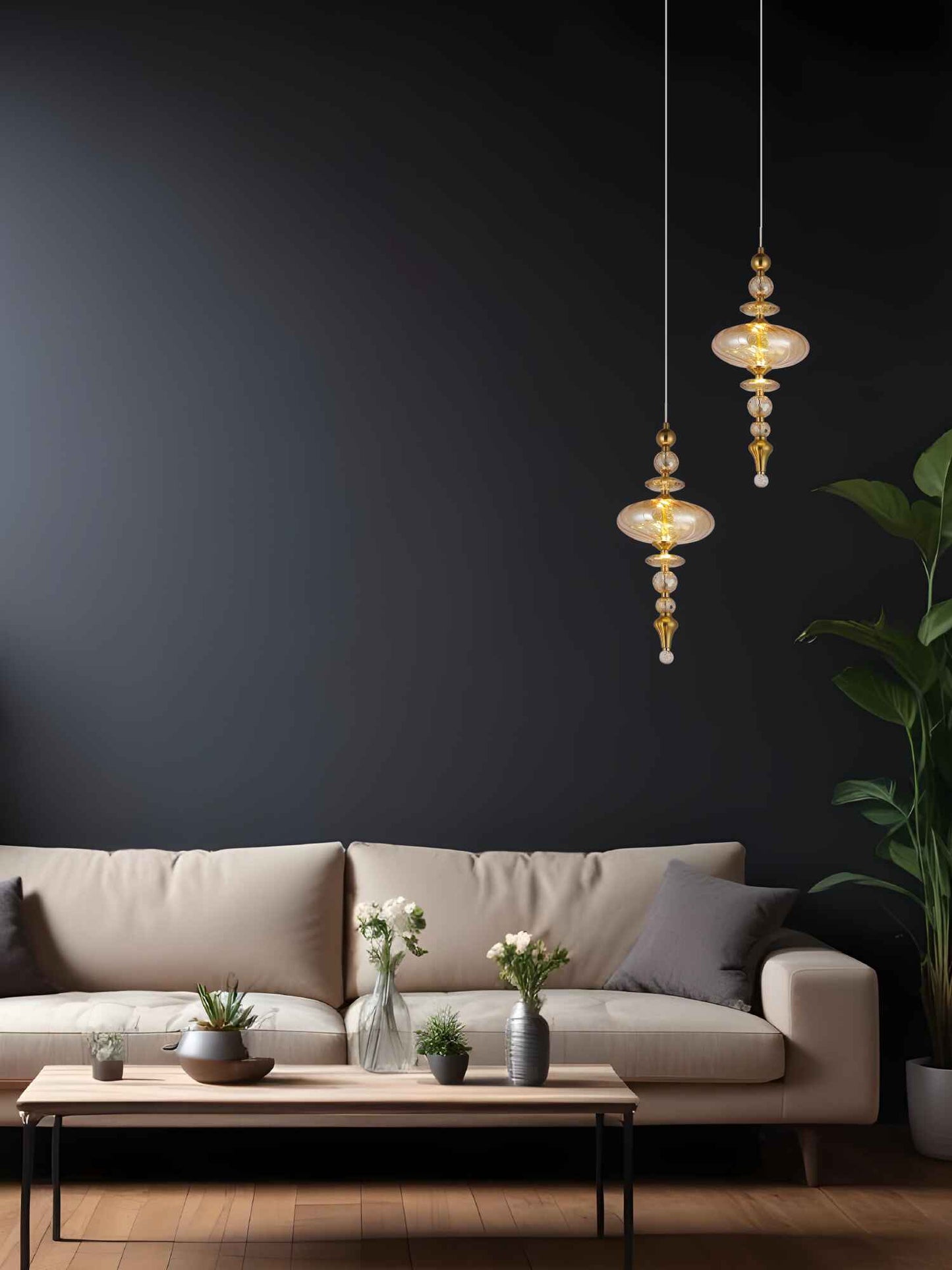 LumaDrop Pendant – Amber Glass & Gold Finish (7W LED)