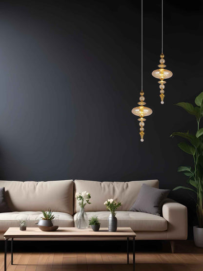 LumaDrop Pendant – Amber Glass & Gold Finish (7W LED)