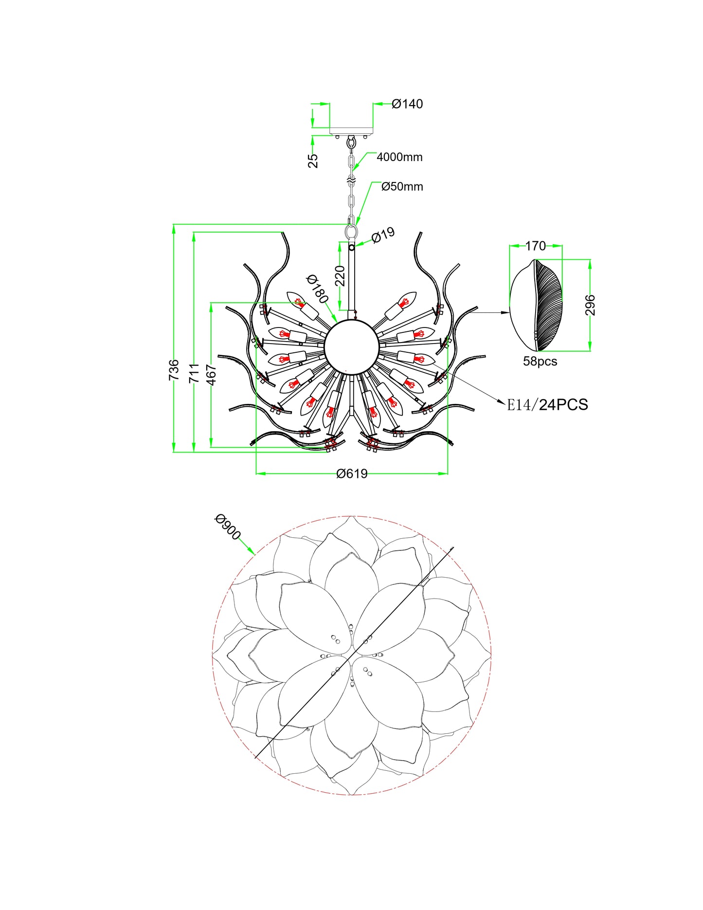 Amber Solstice – 24-Light Pendant in Brass with Handcrafted Glass