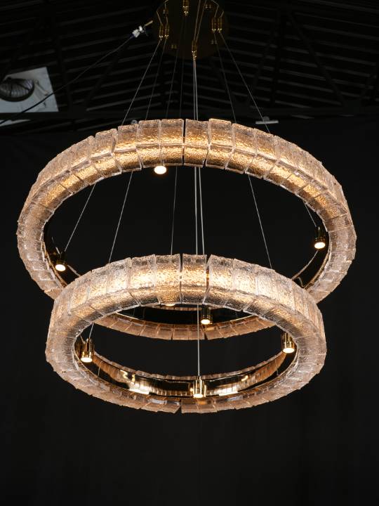 Solasta Dual Ring Pendant – Gold with Handmade Glass (150W LED)
